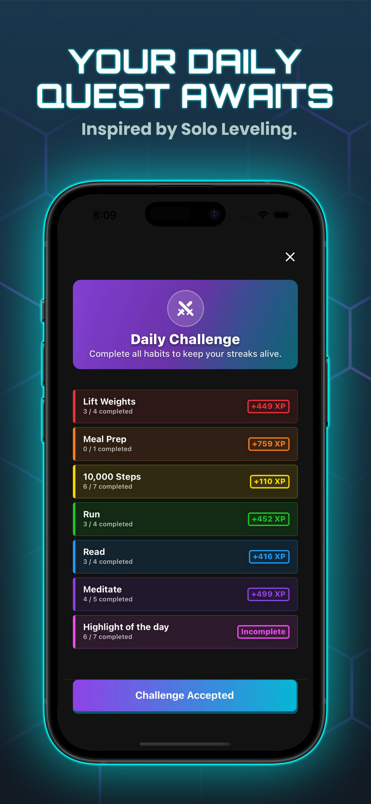 Solo Leveling-style daily quest challenge screen in HabitForge app