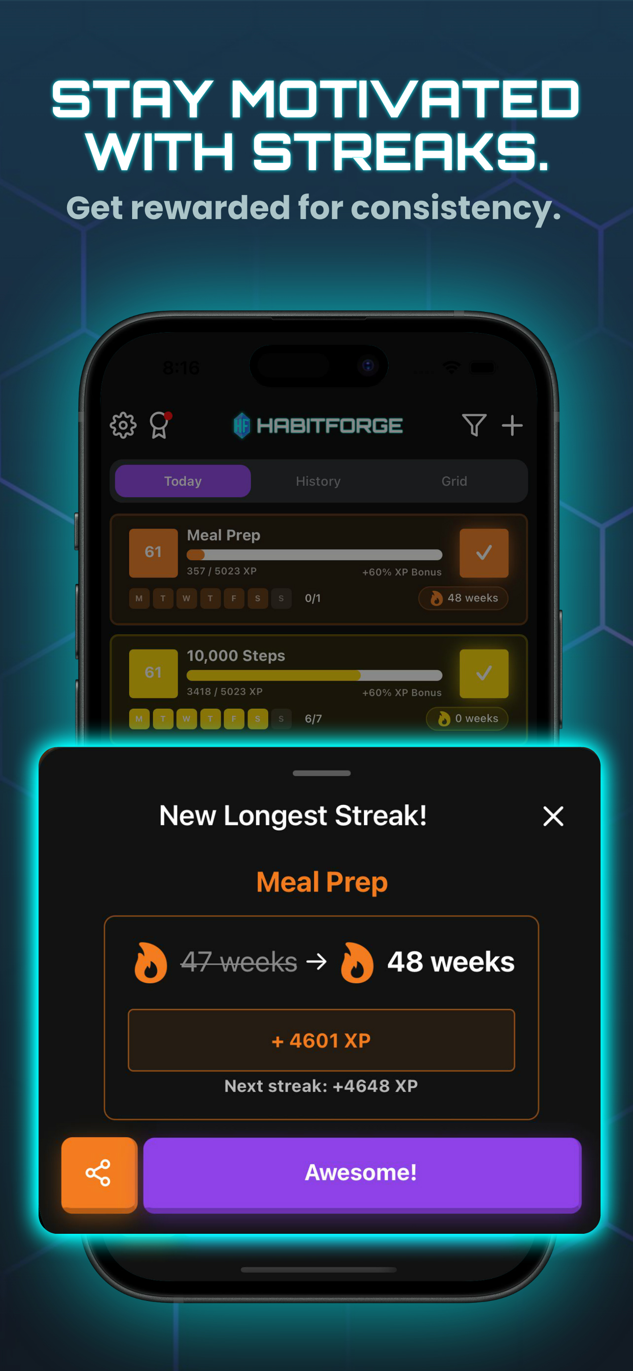 Habit streak tracking feature showing consecutive days completed
