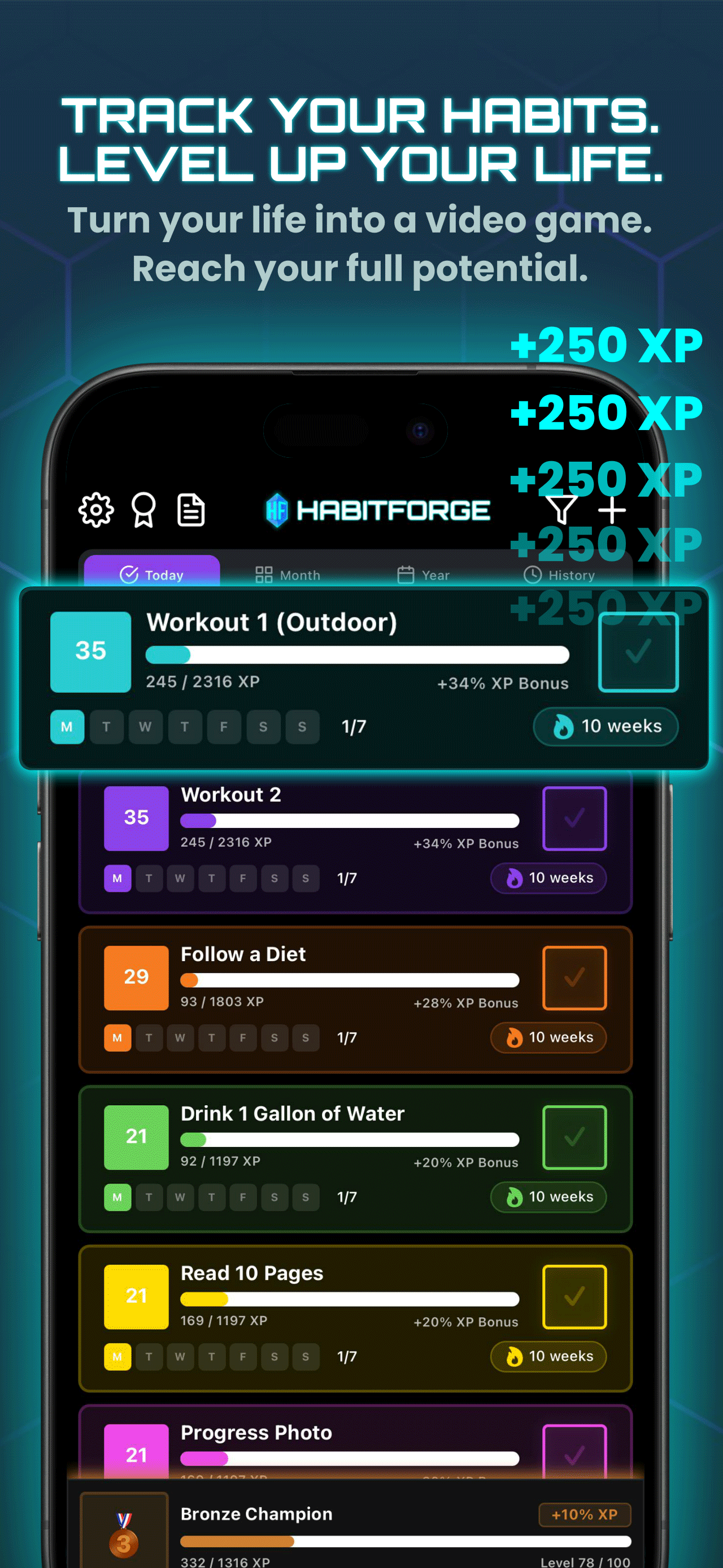 75 Hard daily tasks tracked as quests in HabitForge with XP and streaks