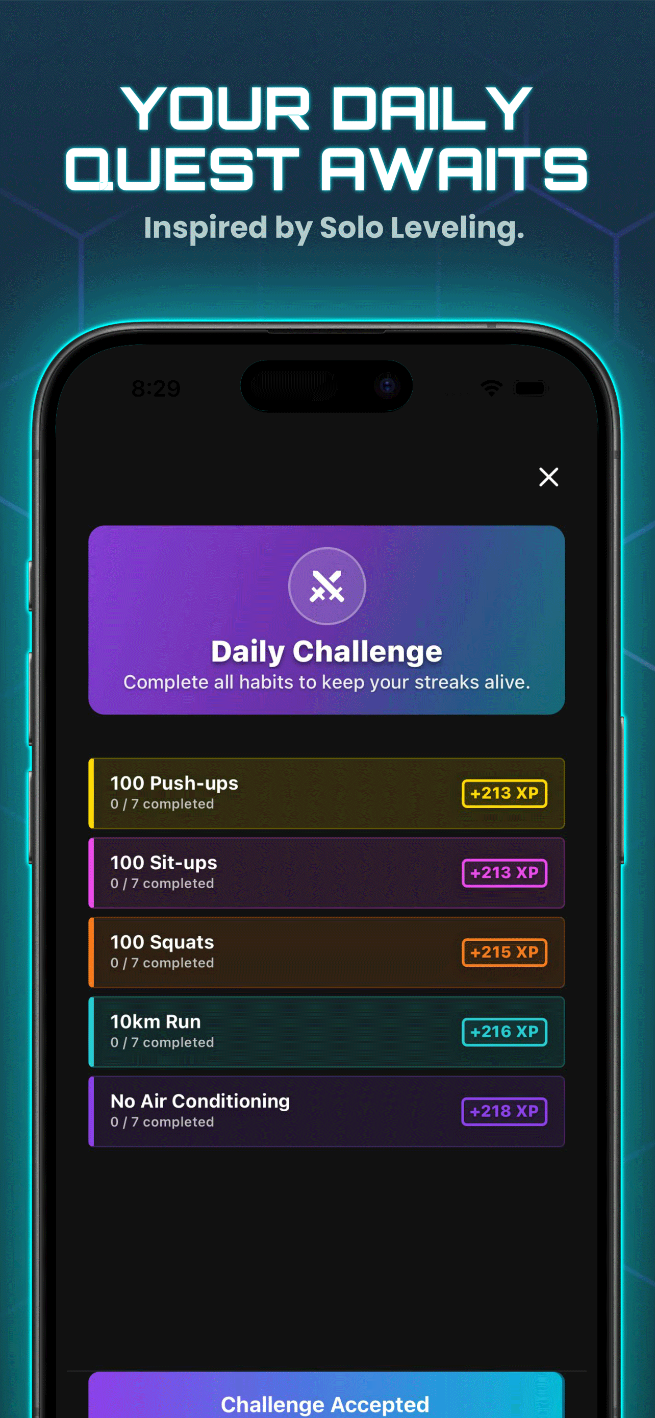 Saitama daily challenge in HabitForge - Challenge Accepted