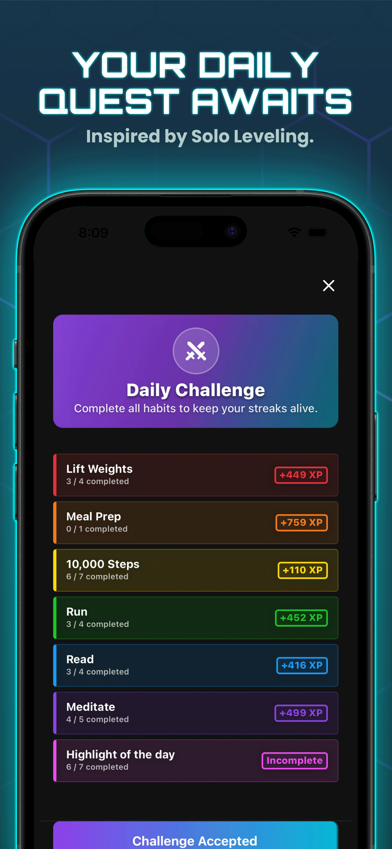 Solo Leveling-style daily quest challenge screen in HabitForge app