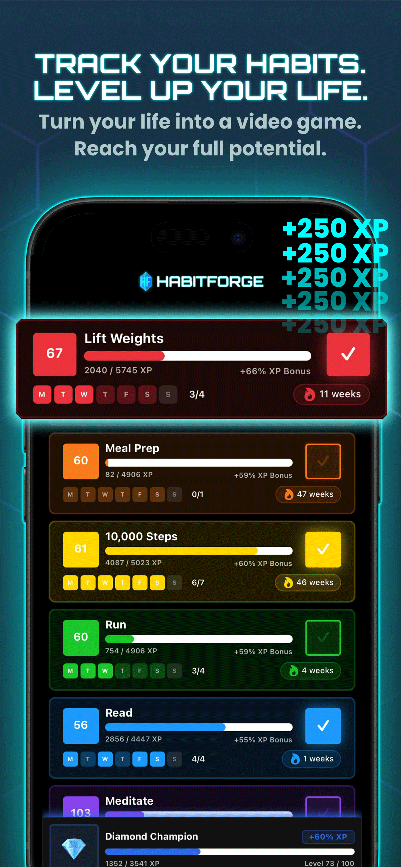 HabitForge habit tracker app home screen showing daily quests and XP progress