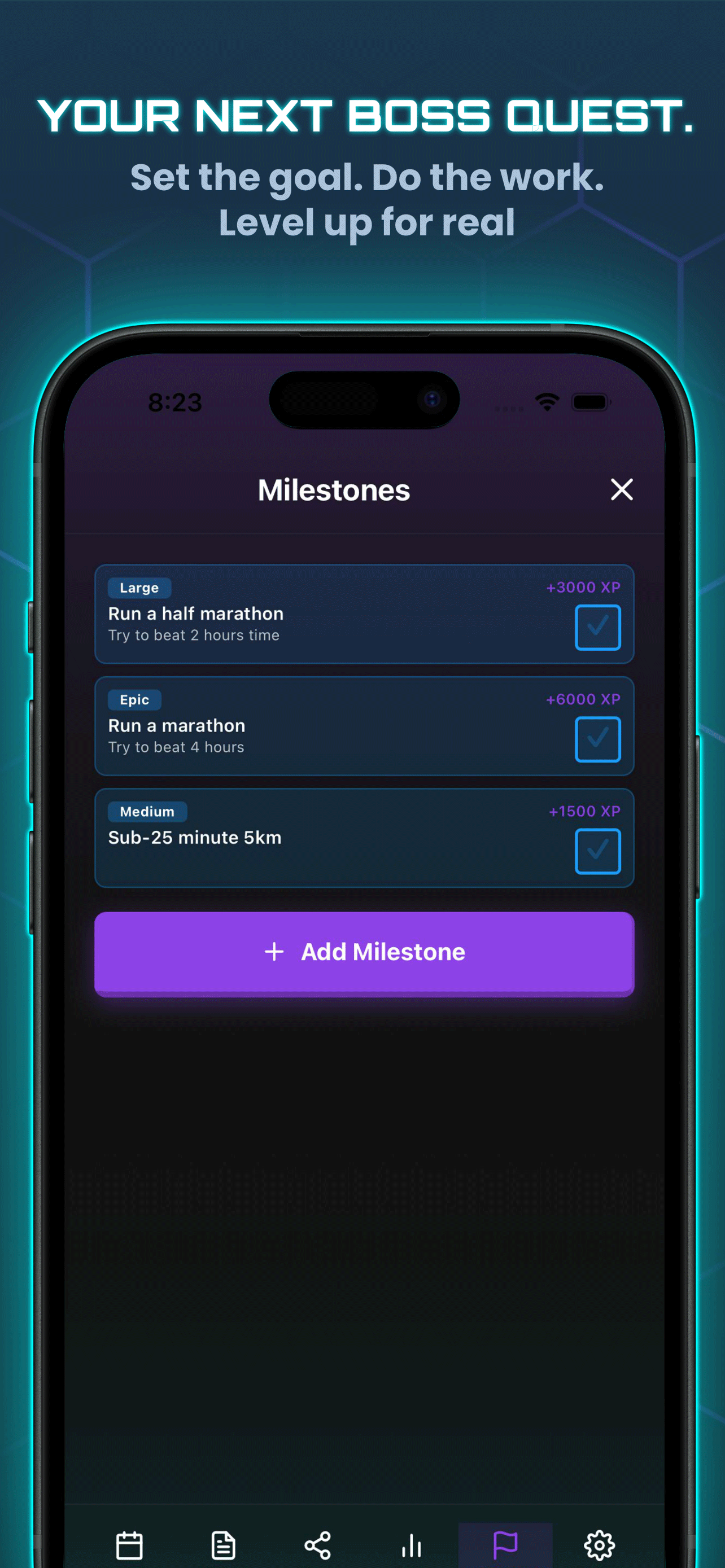 HabitForge Milestones screen for big one-time goals like running a marathon, with XP rewards scaled by size
