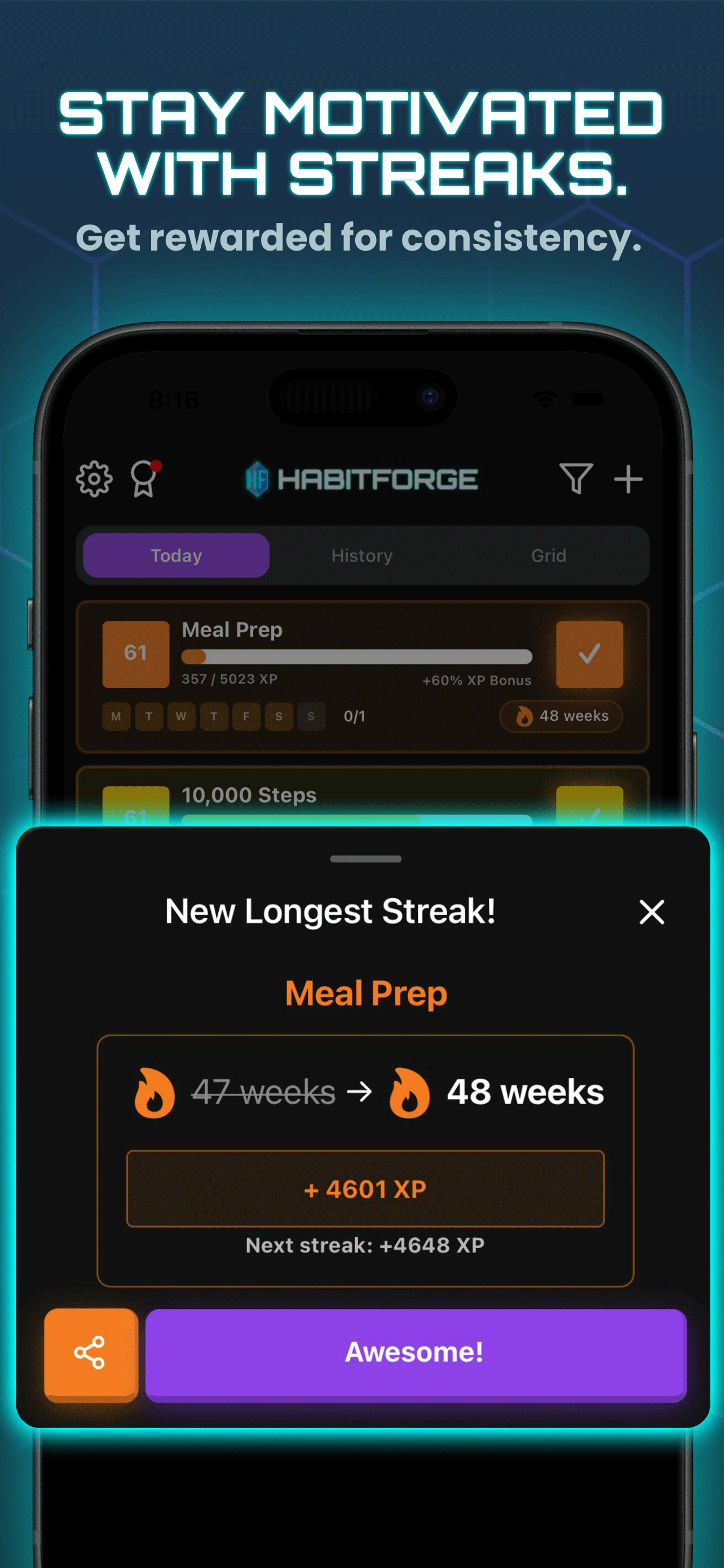 Habit streak tracking feature showing consecutive days completed